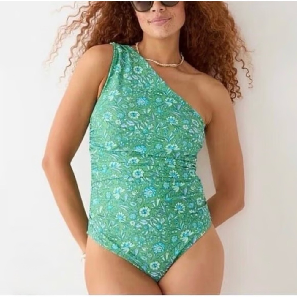 Green Floral One-Shoulder Swimsuit